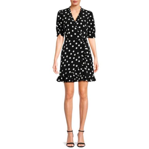NEW KARL LAGERFELD PARIS 12 Black White Polka Dot Puff Sleeve Waist Tie Dress - Picture 1 of 16